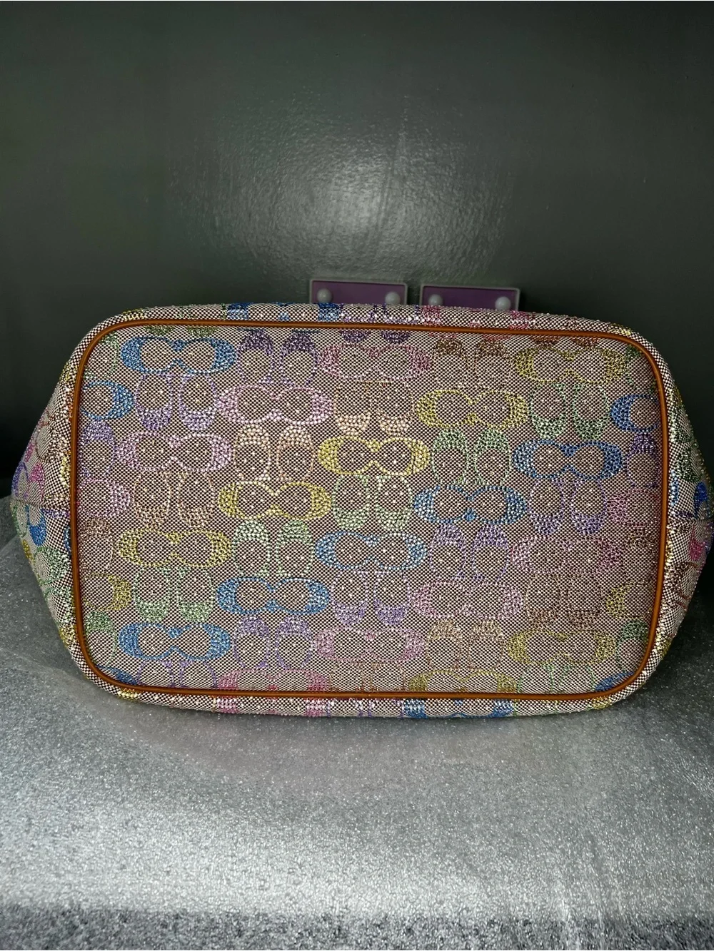 Coach Large Rainbow Crystal Kisslock Frame Leather Shoulder Bag